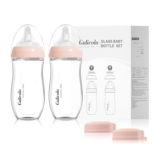 Gulicola Natural Glass Baby Bottle for Breastfed Babies, Anti-Colic Baby Bottle Set with Medium Flow Nipple, 3 Months +, 8 oz, 2 Pack - Pink | Amazon (US)