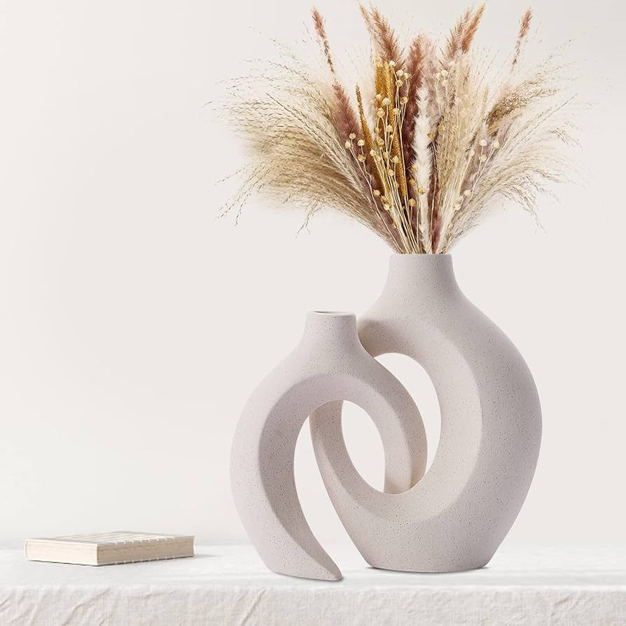 Hollow Ceramic Vase Set of 2, SUKIYPO White Modern Vase for Nordic Minimalist Decor, Round Boho A... | Amazon (US)