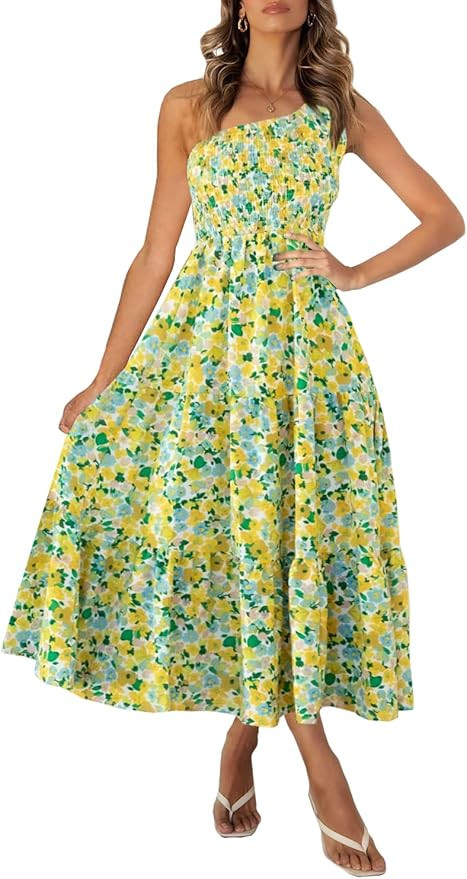 Ferlema Womens Summer Boho Floral Print One Shoulder Sleeveless Smocked Ruffle Swing Long Maxi Dr... | Amazon (US)