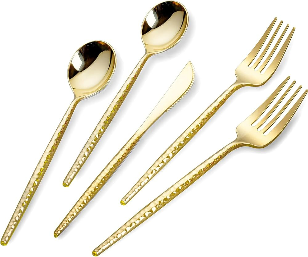 SUT 150PCS Gold Plastic Silverware, Gold Disponsable Utensils, Plastic Cutlery, Includes: 50 Kniv... | Amazon (US)