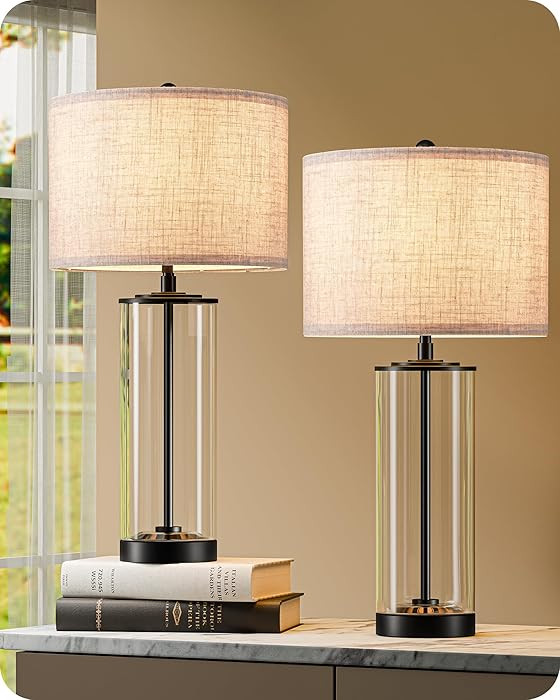 EDISHINE 23.6" Glass Table Lamp Set of 2, DIY Refillable Bedside Lamp with Linen Lampshade & Rota... | Amazon (US)