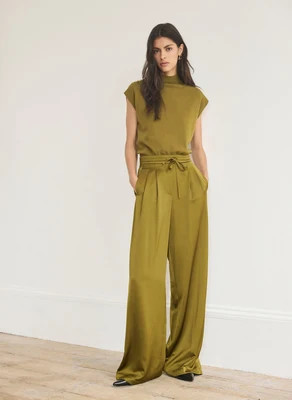 Olive Green Satin Wide Leg Trousers | Mint Velvet - US