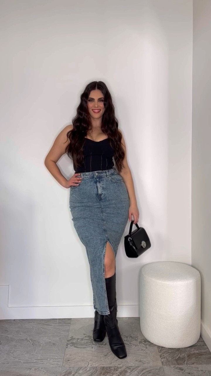 The perfect tall long denim midi skirt! Paired with the most comfy black knee high boots and black strapless ribbed corset. Wearing size 12 skirt and medium top. 5’8 🖤

#LTKaustralia #LTKcurves #LTKFind