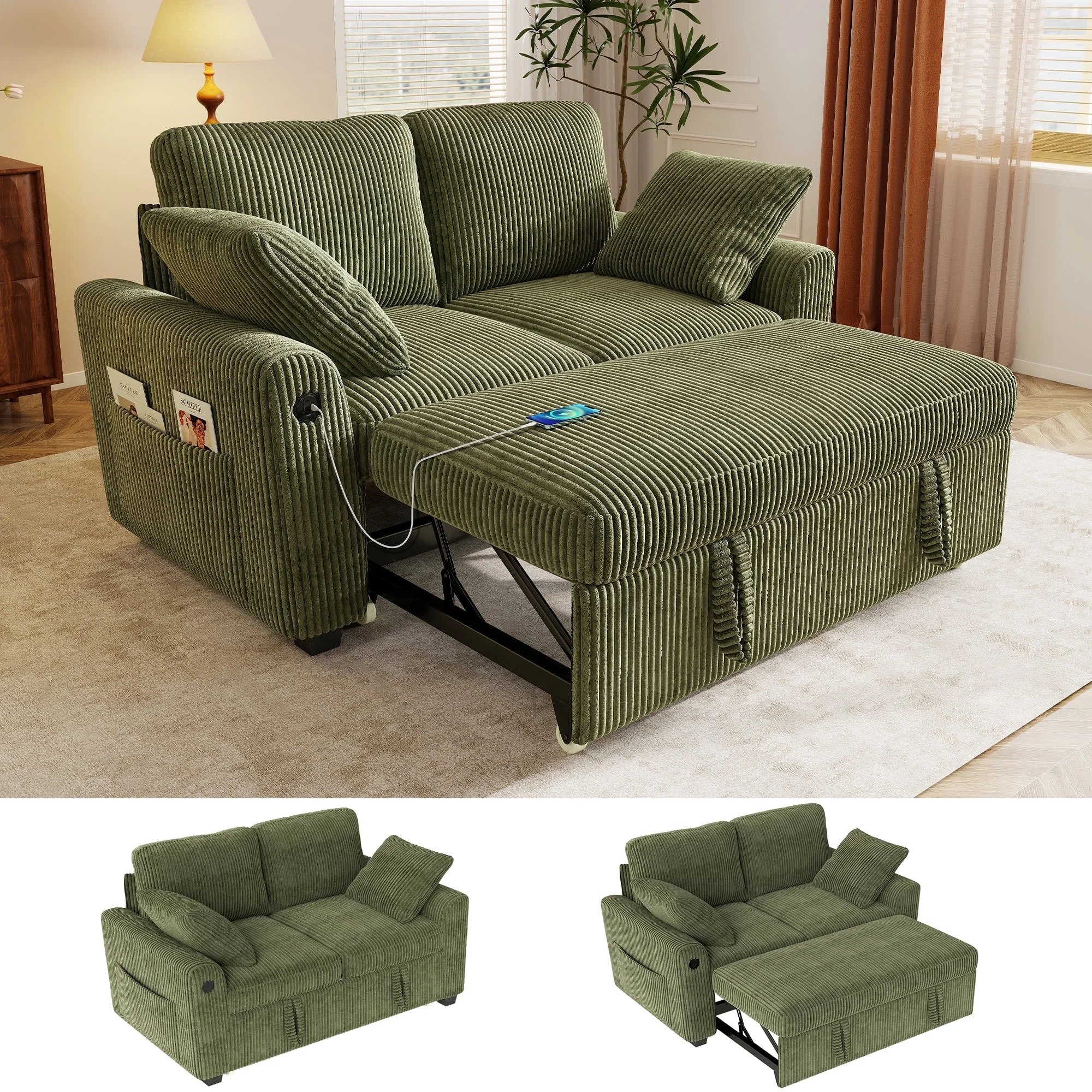 BedLuxury 59" Sleeper Loveseat With Pull Out Bed, Corduroy Sofa Bed With USB Charging for Small S... | Walmart (US)
