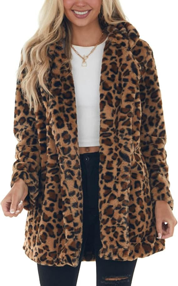 Women's Faux Fur Jackets Leopard Coats Loose Fur Coat with Pockets | Amazon (US)