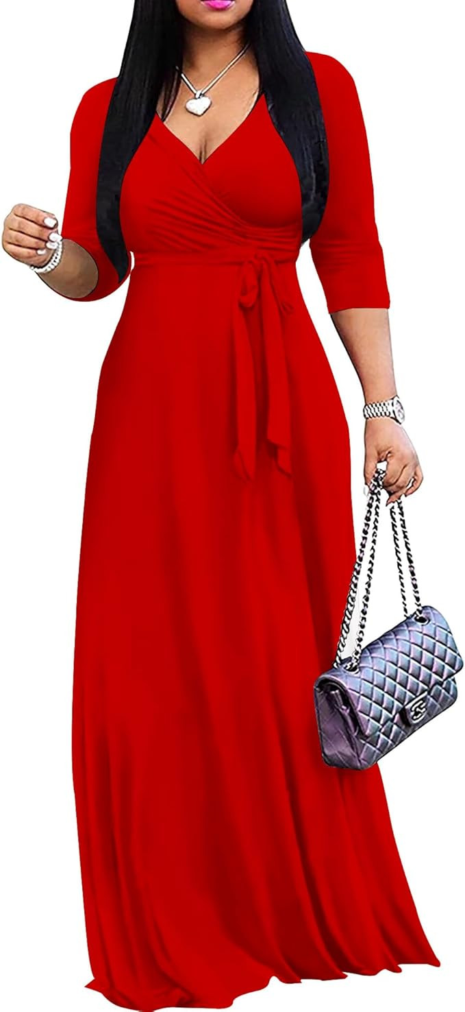 Mrskoala Women Plus Size Long Maxi Wrap Dresses Summer Sundress V-Neck 3/4 Sleeve | Amazon (US)