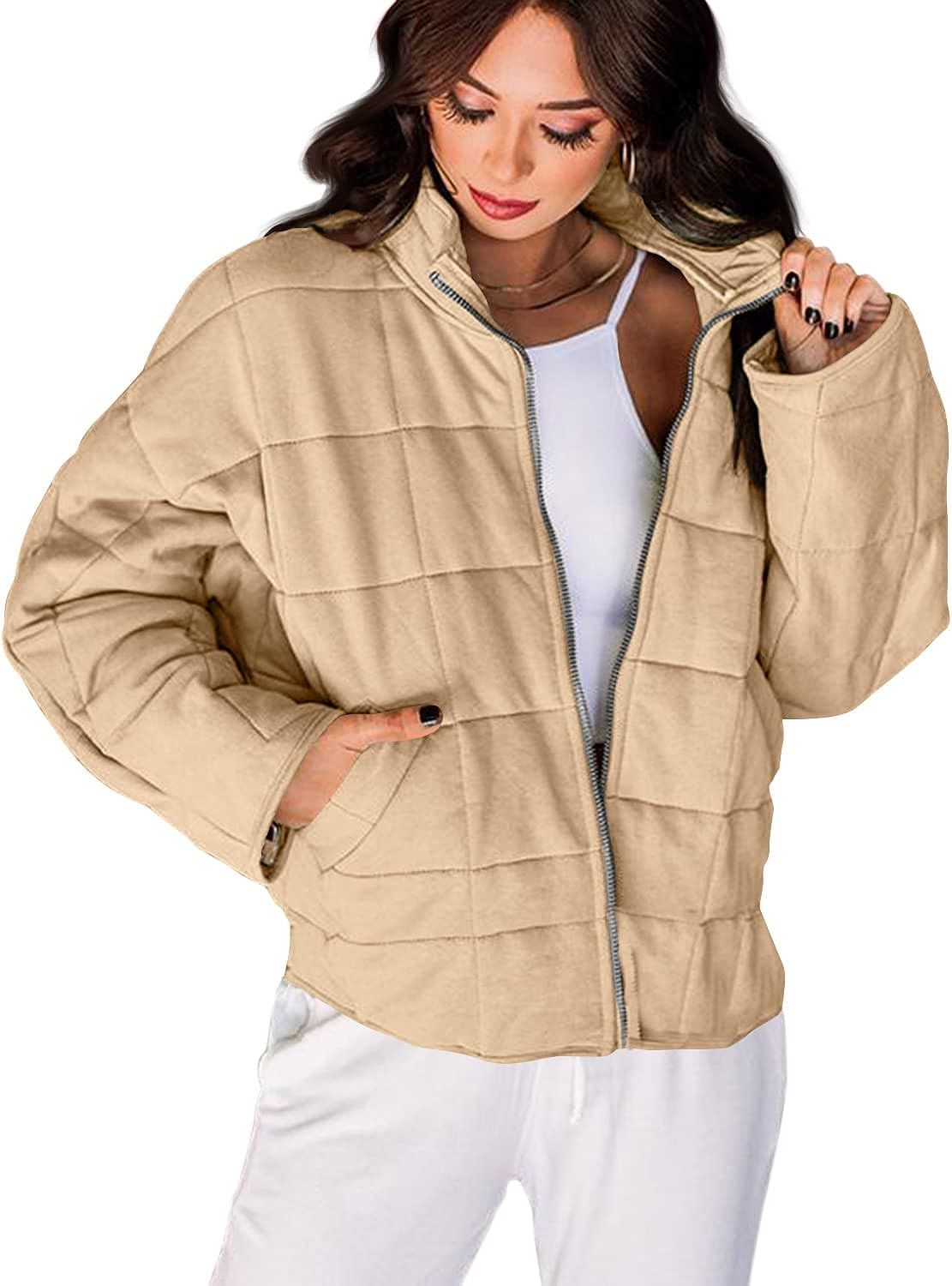 Womens Oversized Lightweight Quilted Jackets Long Sleeve Zip Up Casual Dolman Coat | Amazon (US)
