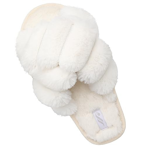 JIASUQI Womens Fluffy Soft Wide House Summer Slippers Lightweight Fuzzy Slides Bedroom Fur Slippers for Women White 11.5-12.5 | Amazon (US)