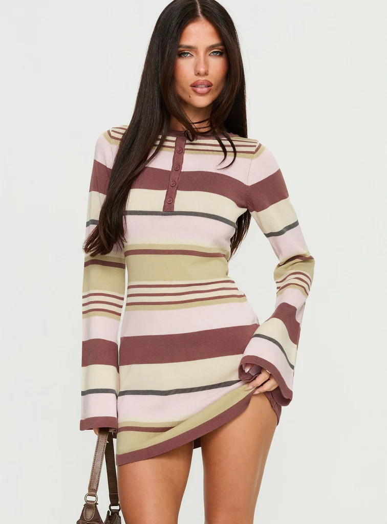 Shandee Knit Long Sleeve Mini Dress Multi Stripe | Princess Polly US