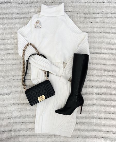 Winter business casual outfit that is perfect for workwear, holiday outfits, date nights and more. White midi sweater dress paired with white cropped turtleneck sweater. Can be dressed warmer with a coat 

#LTKHoliday #LTKstyletip #LTKSeasonal