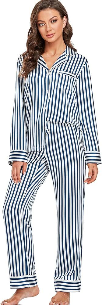 Serenedelicacy Women's Satin Pajama Set Long Sleeve Button Down Sleepwear 2-Piece Striped Silky P... | Amazon (US)