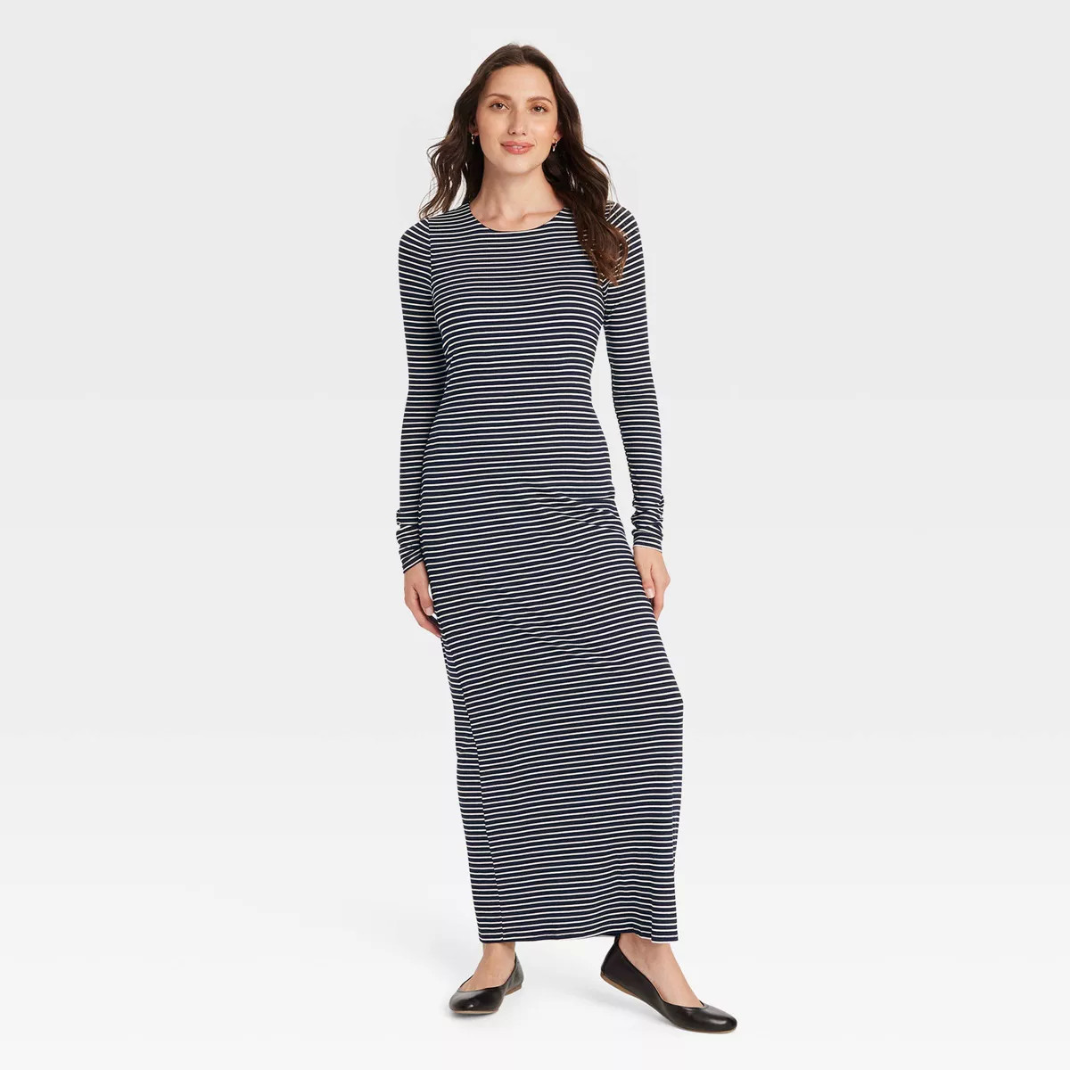 Women's Long Sleeve Knit Maxi T-Shirt Dress - Universal Thread™ Navy Blue Striped XS | Target