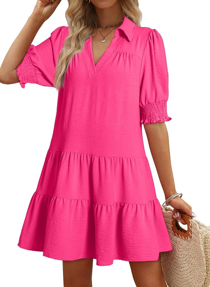 Dokotoo Casual Dresses for Women Lapel Collared V Neck Mid Sleeved Pleated Summer Dresses for Wom... | Amazon (US)