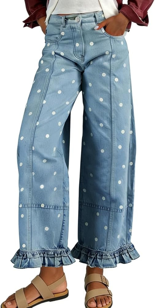 chouyatou Women's Cute Polka Dot Pattern Barrel Jeans Y2K Boyfriend Mid Rise Wide Leg Ruffled Den... | Amazon (US)