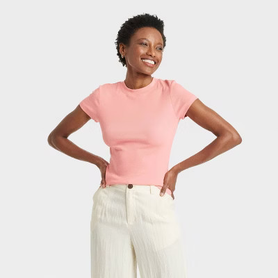 Women's Short Sleeve Ribbed T-Shirt - A New Day™ Light Pink S | Target