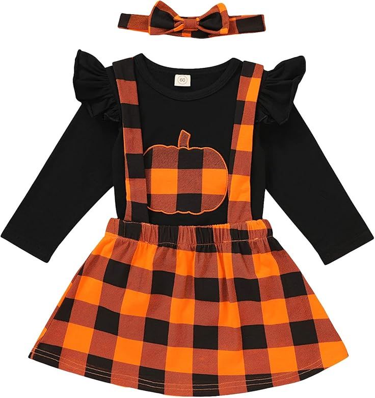 Toddler Baby Girls Halloween Outfit Pumpkin Plaid Ruffles Sleeve Shirt Tops Suspender Skirt Cloth... | Amazon (US)