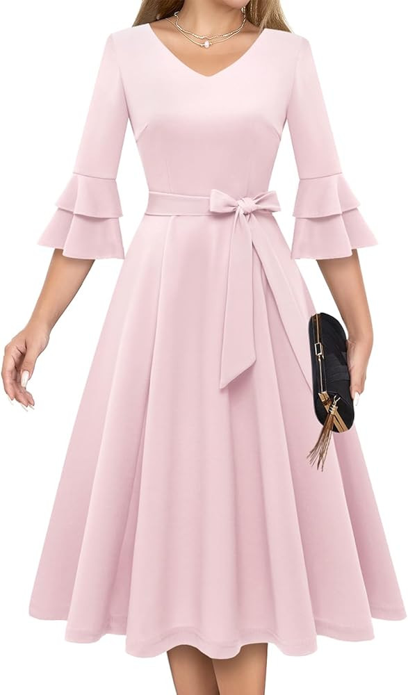 DRESSTELLS Cocktail Dress for Women Elegant & Chic V-Neck Double Bell Sleeve Formal Modest Church... | Amazon (US)