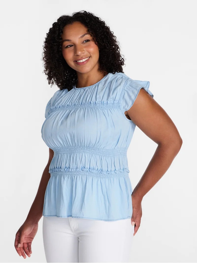 Time and Tru Women's Sleeveless Smocked Top with Ruffle Trim, Sizes XS-XXXL | Walmart (US)