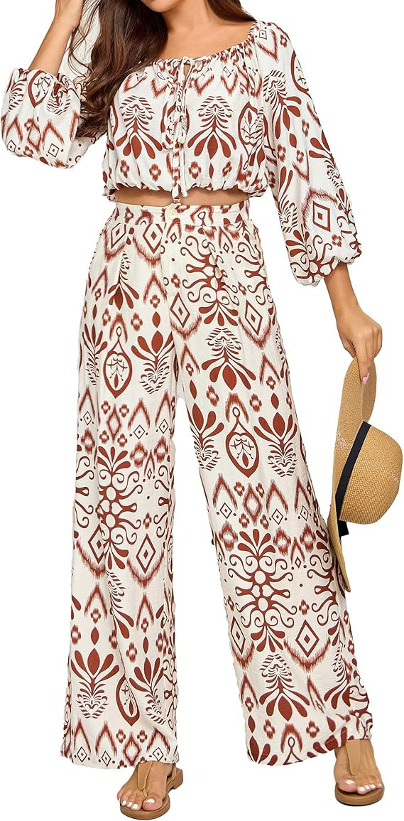 Women 2 Piece Floral Outfits Long Sleeve Off the Shoulder Crop Tops Matching Wide Leg Palazzo Pan... | Amazon (US)