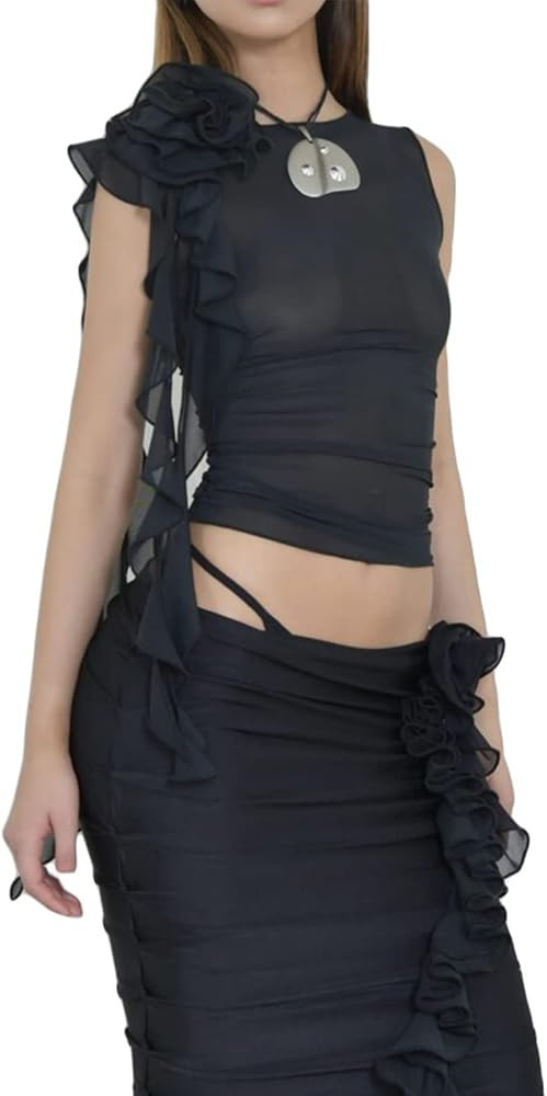 Women 3D Flower Sheer Mesh Tanks Ruffles Tassel See Through Crop Tops Sleeveless Spaghetti Stra... | Amazon (US)