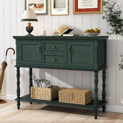 Retro Console Table with Drawers and Cabinets, Slim Sofa Table with Open Shelf for Entryway or Living Room, Green | Target