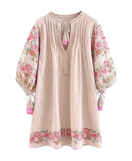 R.Vivimos Women's Autumn 3/4 Sleeve Cotton Linen Floral Embroidery Casual Tunic Dresses | Amazon (US)