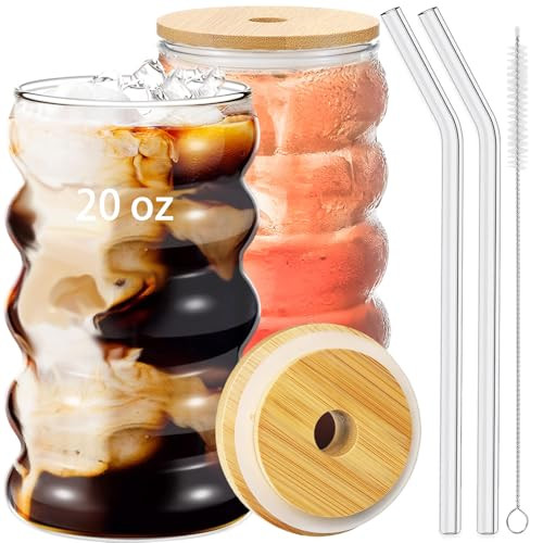 2 Pcs 20oz Drinking Glasses Set with Bamboo Lids and Straws, Cute Iced Coffee Glass Cups, Iced Coffee Tumblers, Thick Drinking Jars for Smoothie, Boba Milk Tea, Ideal for Gift, with Straw Brush | Amazon (US)