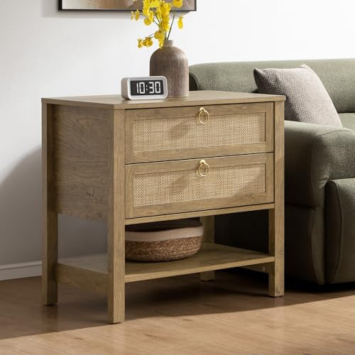 SICOTAS 26.7" Wide Rattan Nightstand with 2 Drawers & Open Shelf End Table | Amazon (US)