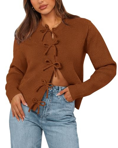 BTFBM Cardigan Sweaters for Women Trendy 2024 Fall Open Front Long Sleeve Button Down Bow Knot Cropped Lady Jacket(Caramel, X-Large) | Amazon (US)