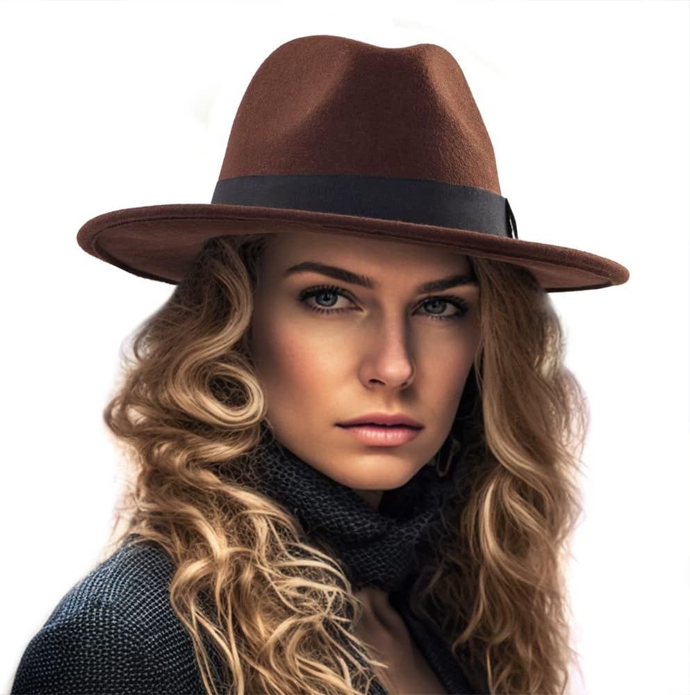 LADYBRO Fedora Hats for Women Wide Brim Hat, Incld 3 Decor Belts, Wool Felt, 58cm Adjustable Wome... | Amazon (US)