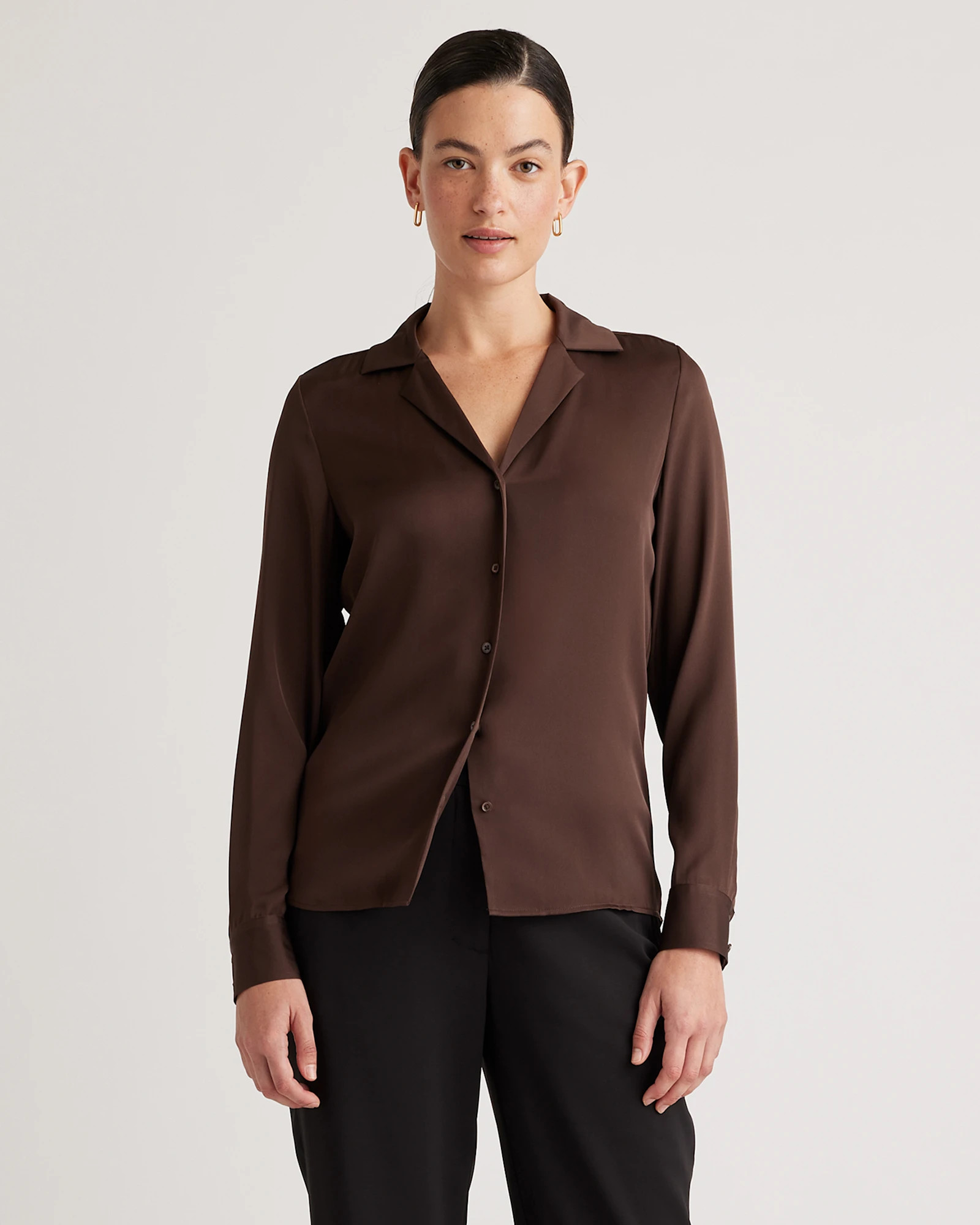 Quince | Women's 100% Washable Silk Stretch Notch Collar Blouse in Black, Size Large | Quince