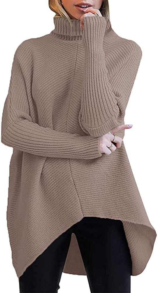 ANRABESS Womens Turtleneck Long Batwing Sleeve Asymmetric Hem Casual Pullover Sweater Knit Tops | Amazon (US)