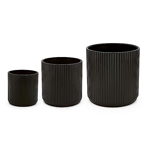 Amazon Basics Assorted Sizes Fluted Ceramic Round Planters, Set of 3, Black, 6-Inch, 8-Inch, 10-Inch | Amazon (US)