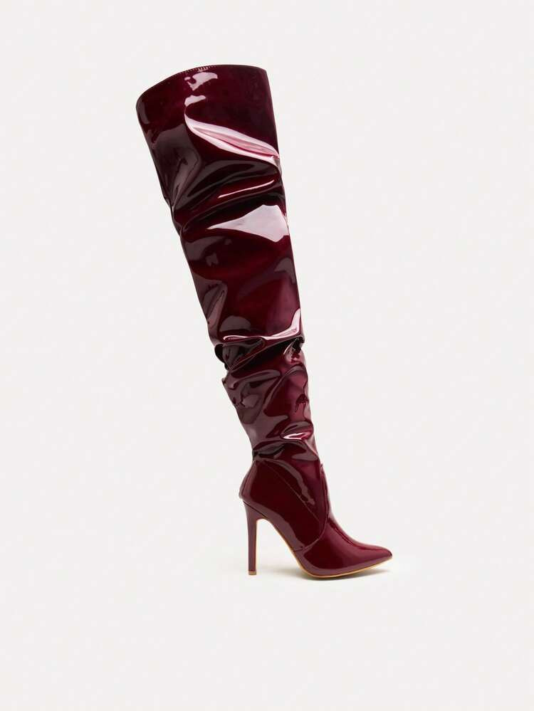TuEzra Women's Pointed Toe Side Zipper Autumn/Winter Boots, Sexy Nightclub Legging Boots, Over-The-Knee Boots, Leather/Patent Leather Boots, Wine Red,Burgundy Heels Valentine's Day | SHEIN