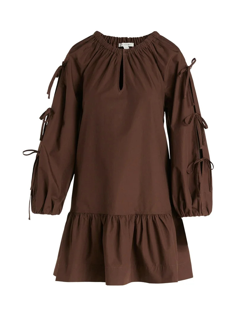 Free Assembly Women's Ruffle Hem Cotton Mini Dress with Long Tie Sleeves, Sizes XS-XXL - Walmart.... | Walmart (US)