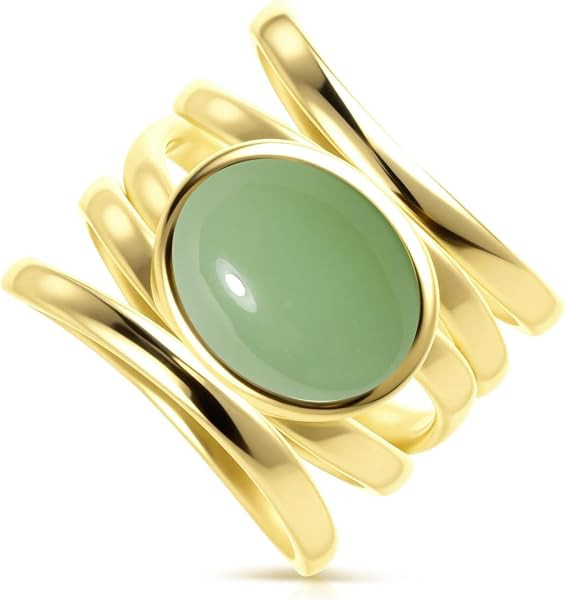 Natural Stone Ring,Yellow Gold Plated Oval Genuine Crystal Quartz Gemstone Multi Lines Full Finge... | Amazon (US)