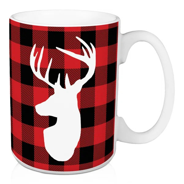 Torrens White Deer Head on Red Buffalo Plaid Coffee Mug | Wayfair North America