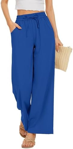 Women Flowy Pants Drawstring Waist Wide Leg Palazzo Beach Pants Loose Fit with Pockets | Amazon (US)