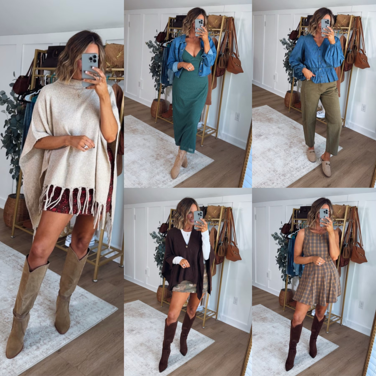 Easy fall outfits, including some cozy ponchos with fring, the cutest mini skirts, denim tops, and fit and flare plaid dress. I am 5’6 143lbs size small in everything but the skirts. I’m in a medium in the skirts.  

 #LTKootd #LTKSeasonal