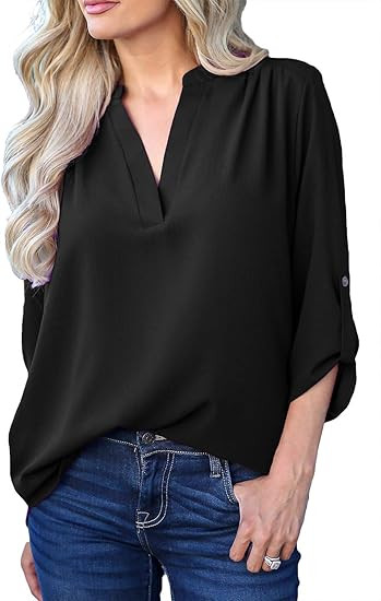 Allimy Women Summer Casual Split V Neckline Chiffon Blouses Loose Tunic Short Sleeve Tops | Amazon (US)