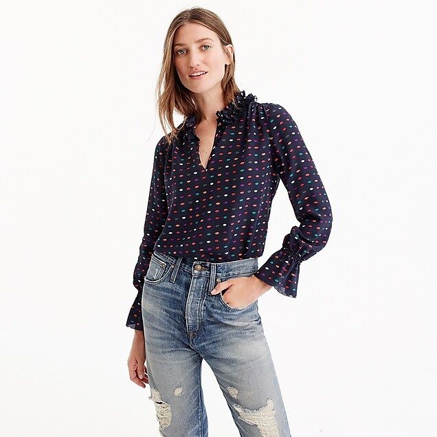 Ruffle-neck silk top in lips print | J.Crew US