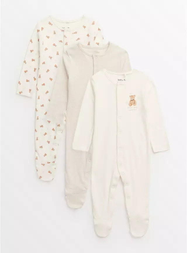 Cream Bear Print Sleepsuits 3 Pack Tiny Baby | Tu Clothing