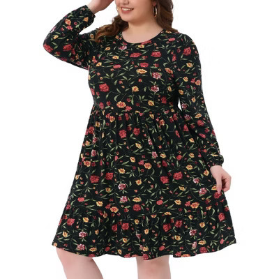 Women's Plus Size Floral Pleated Tiered Crew Neck Long Sleeve Casual Midi Dress with Pocket - Agnes Orinda 3X Black | Target