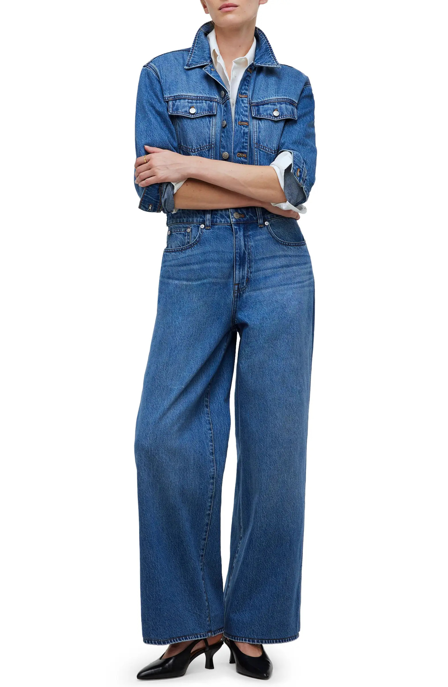 Long Sleeve Wide Leg Denim Coverall Jumpsuit | Nordstrom