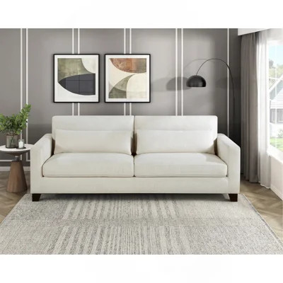 Ivory Fabric Upholstered Sofa with Pillows Cushion Seat and Back Modern Living Room Furniture 1pc Solid Wood Legs | Wayfair North America