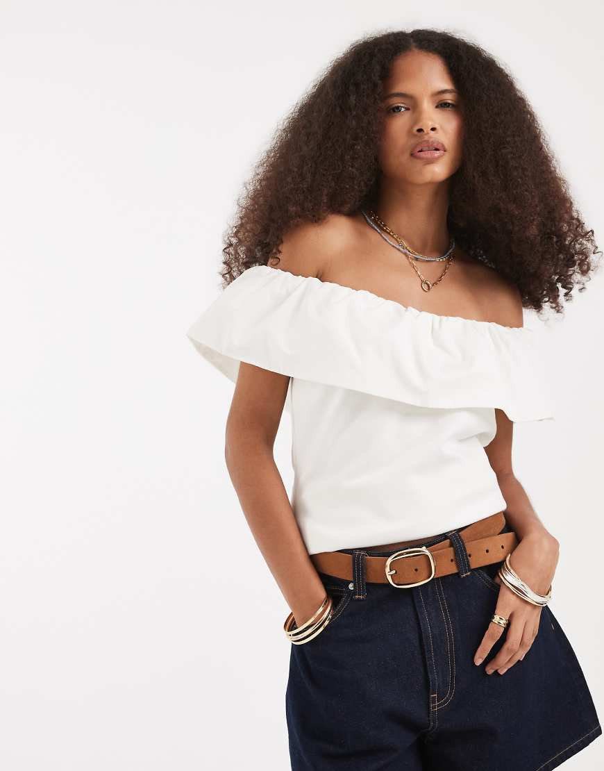 Vero Moda jersey top with woven poplin off shoulder ruffle in white | ASOS (Global)