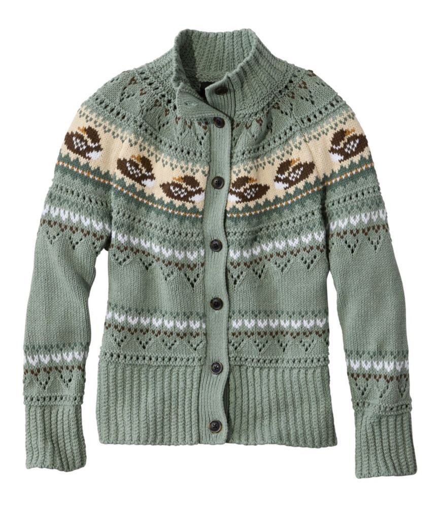 Women's Signature Cotton Fisherman Sweater, Short Cardigan Sweater Fair Isle Faded Sage Loon Fair Isle Medium, Cotton/Yarns L. L.Bean | L.L. Bean