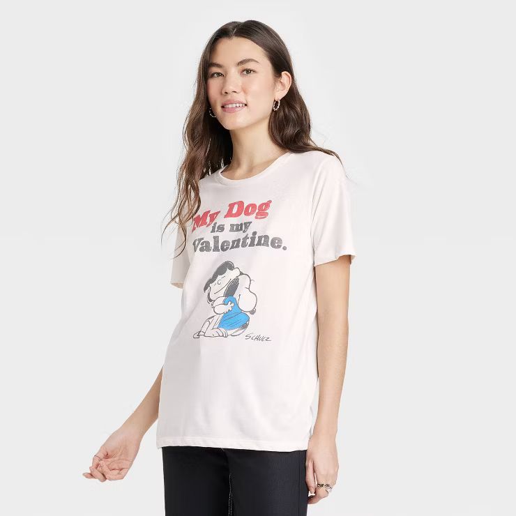 Women's Peanuts My Dog is My Valentine Short Sleeve Graphic T-Shirt - White | Target