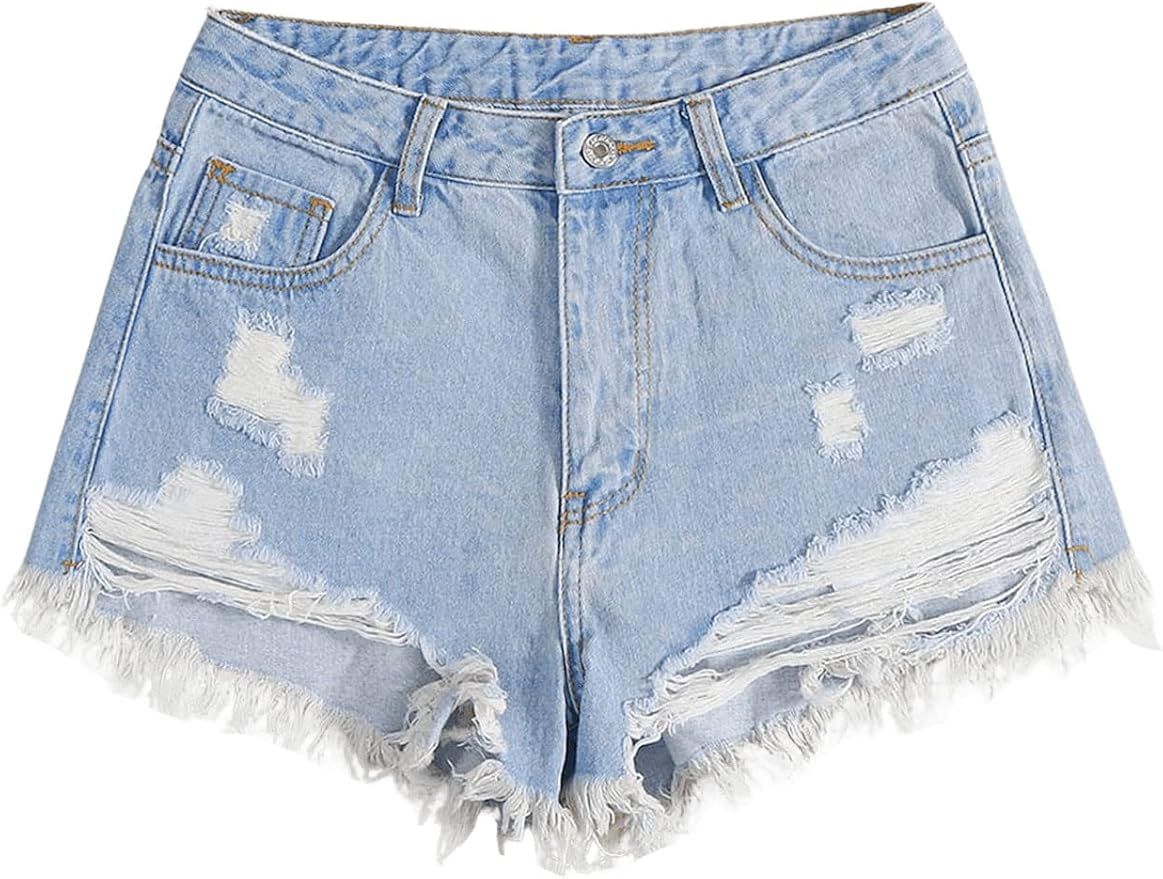 SweatyRocks Women's High Rise Zip Up Ripped Raw Hem Denim Jean Shorts with Pocket | Amazon (US)