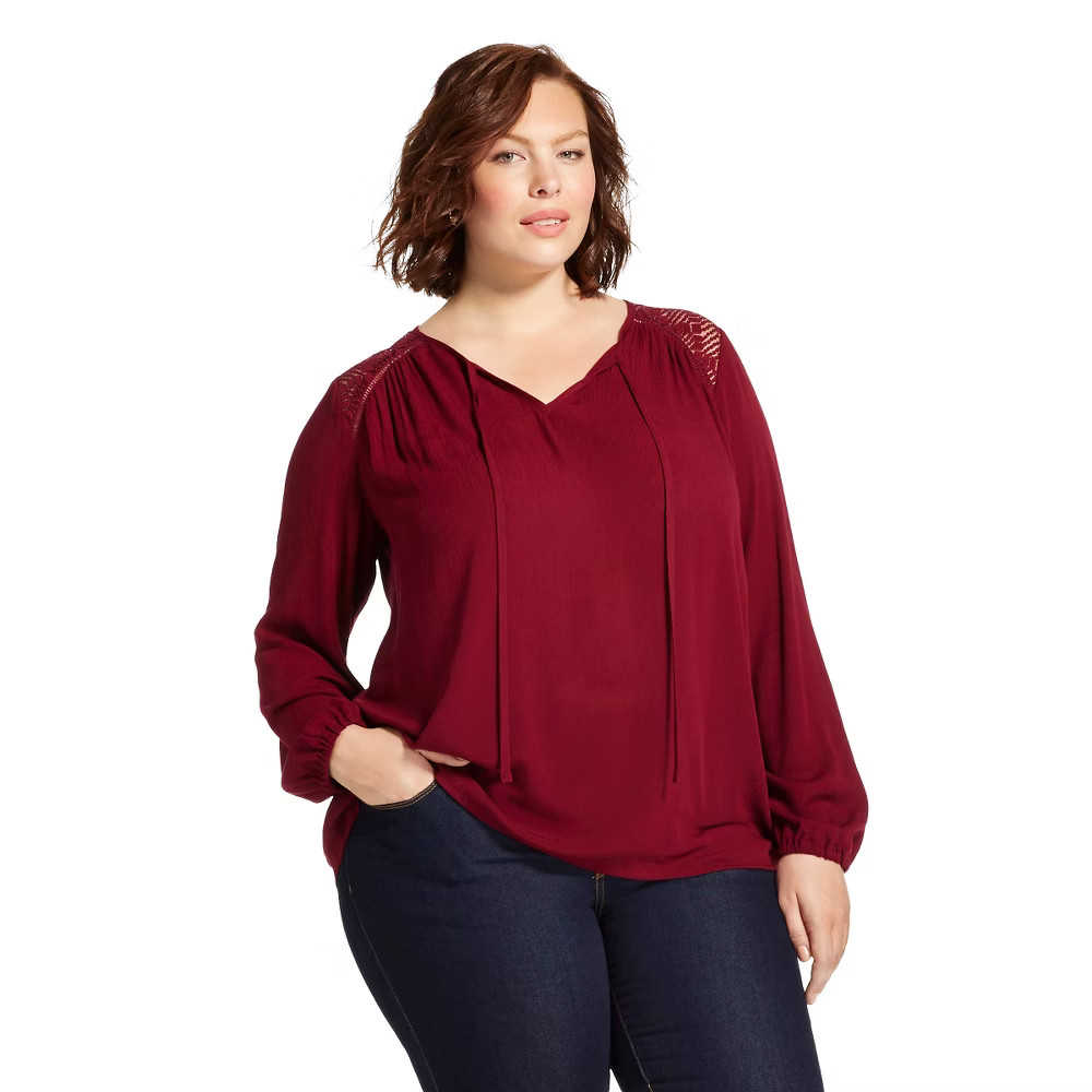 Plus Size Women's Plus Peasant Top Burgundy 3X - Ava & Viv, Burgandy | Target